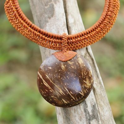 Alternate image for Burnt Orange Leather and Coconut Shell Statement Necklace Rustic Moon
