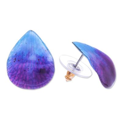 Alternate image for Hand Made Orchid Petal Button Earrings Orchid Kiss in Blue