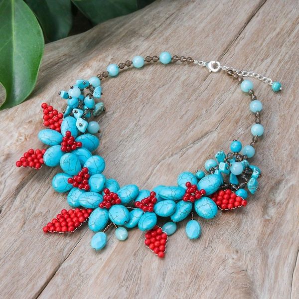 Alternate image for Floral Howlite and Quartz Beaded Statement Necklace Summer Blossoming
