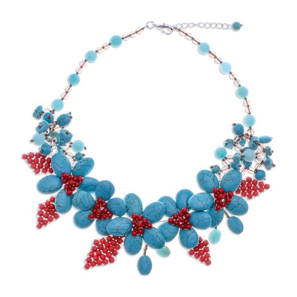 Alternate image for Floral Howlite and Quartz Beaded Statement Necklace Summer Blossoming