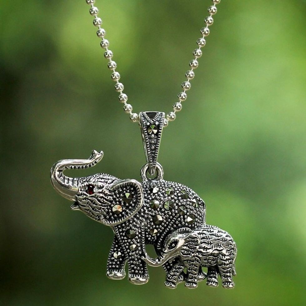 Garnet and Marcasite Elephant Pendant Necklace from Thailand 'Glistening Elephants'