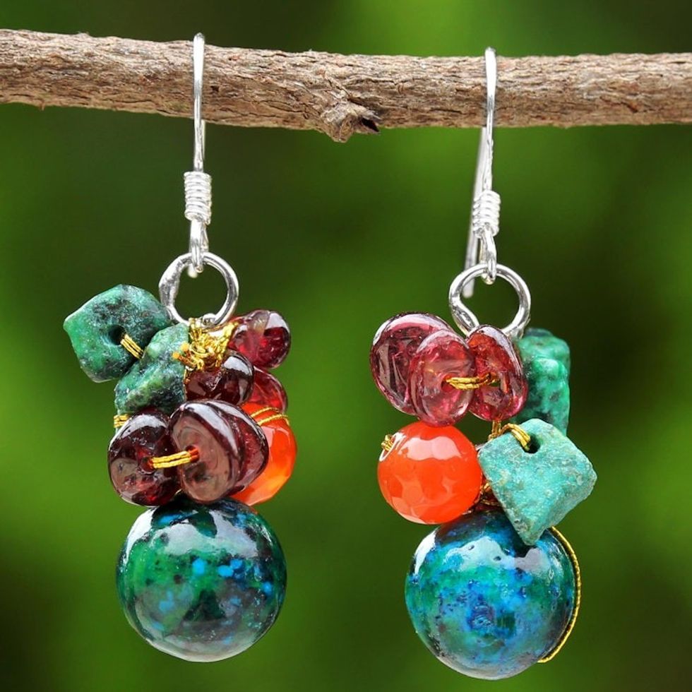 Beaded Dangle Earrings with Garnet and Carnelian 'Tropical Oasis'