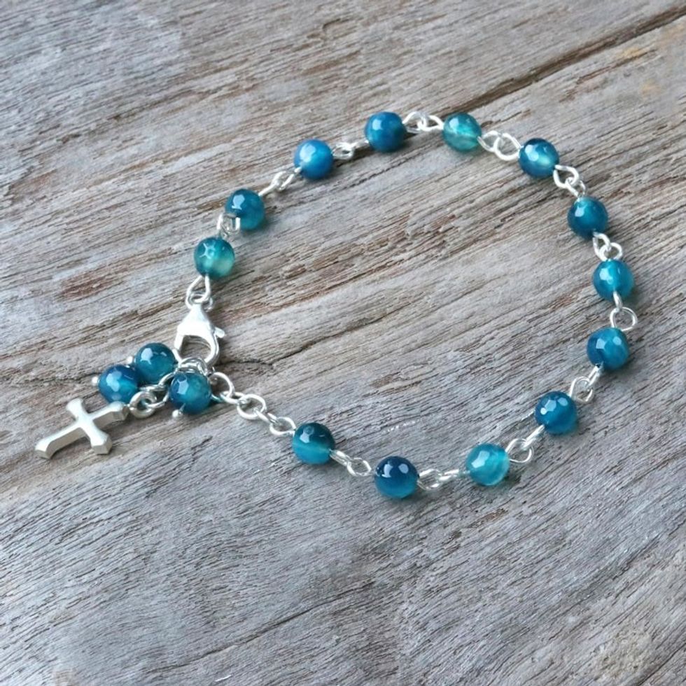 Blue Agate Cross Bracelet from Thailand 'Cross by the Sea'