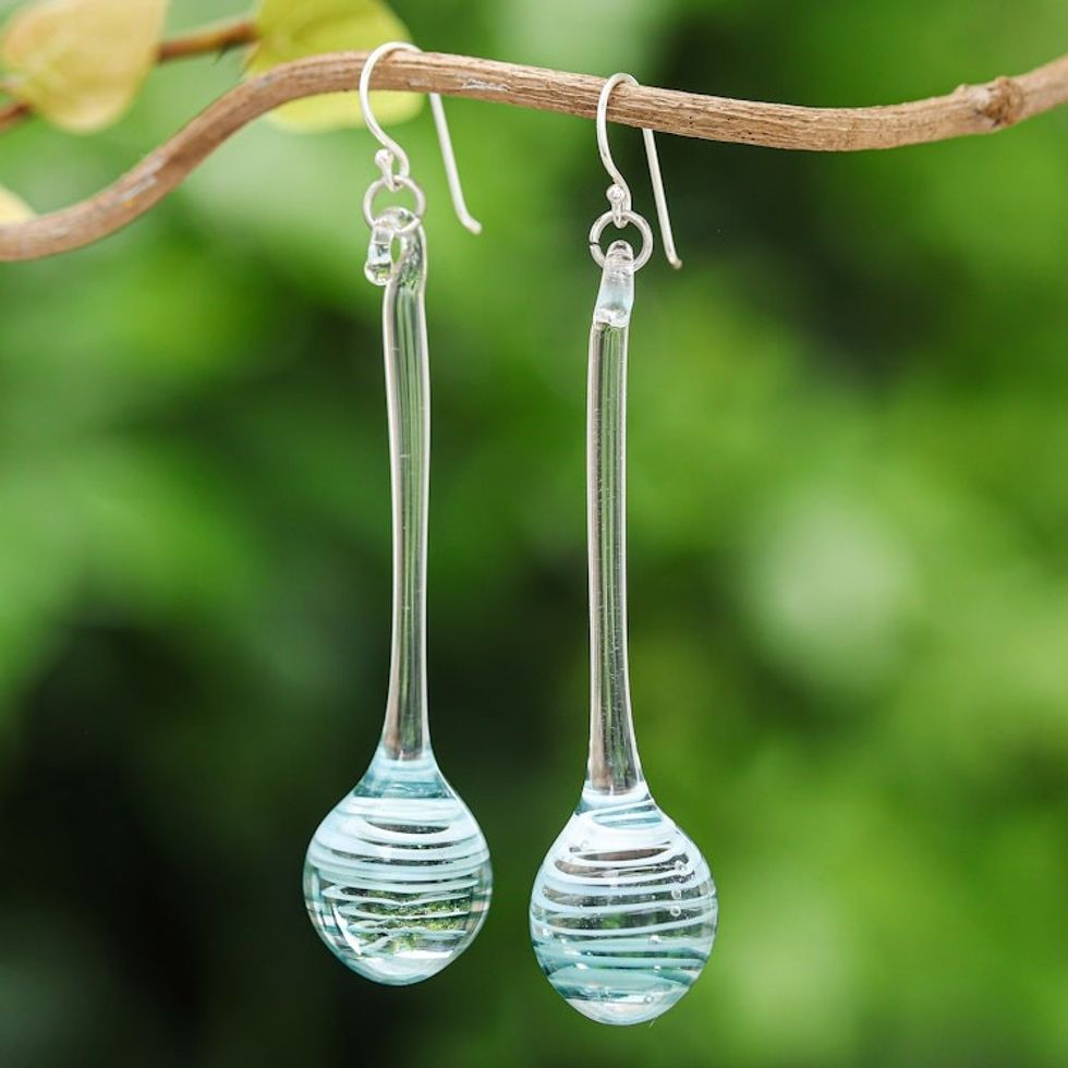 Handblown Abstract Blue and White Glass Dangle Earrings 'Celestial Pendulum'