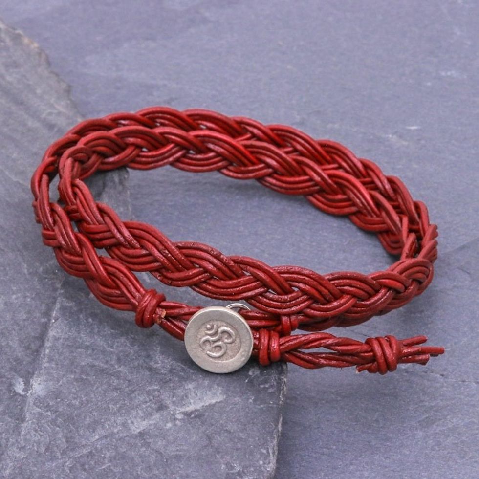 Om Symbol Braided Leather Wrap Bracelet 'Pa Sak Braid'