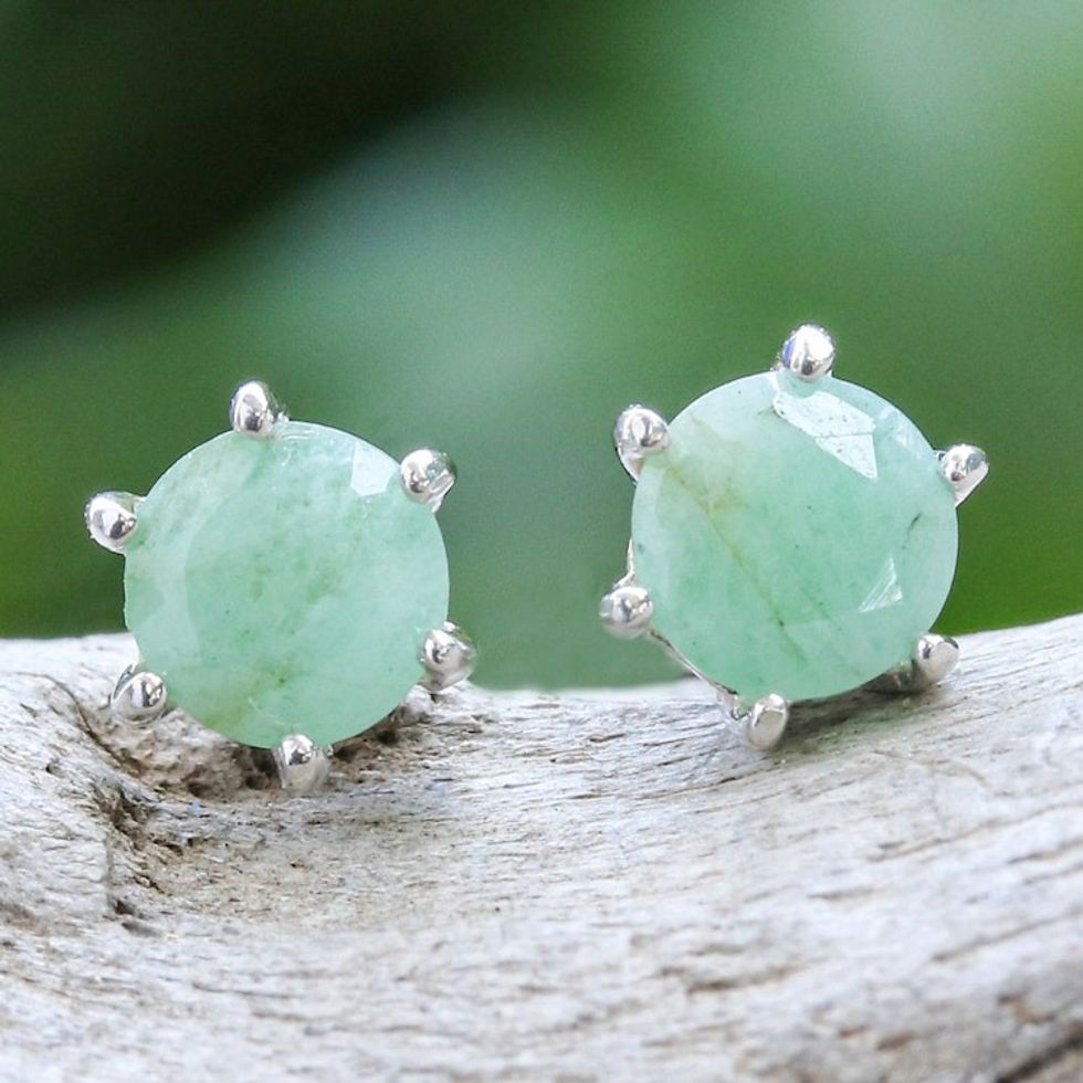 Hand Crafted Emerald and Sterling Silver Stud Earrings 'Catch a Star in Green'