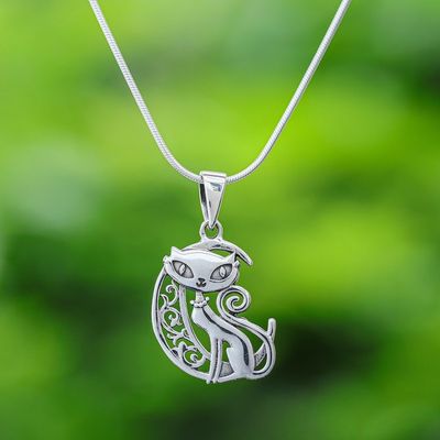 Alternate image for Sterling Silver Cat and Moon Pendant Necklace from Thailand Feline Night
