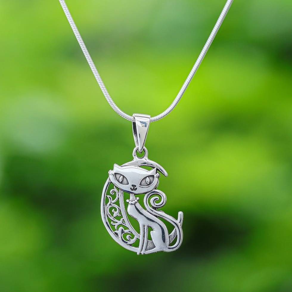 Sterling Silver Cat and Moon Pendant Necklace from Thailand 'Feline Night'