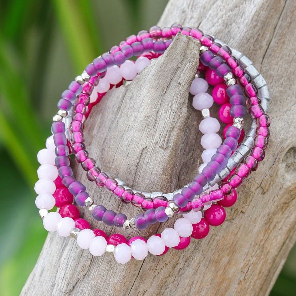 Set of 5 Fuchsia Glass and Brass Beaded Stretch Bracelets 'Fancy Dream in Fuchsia'