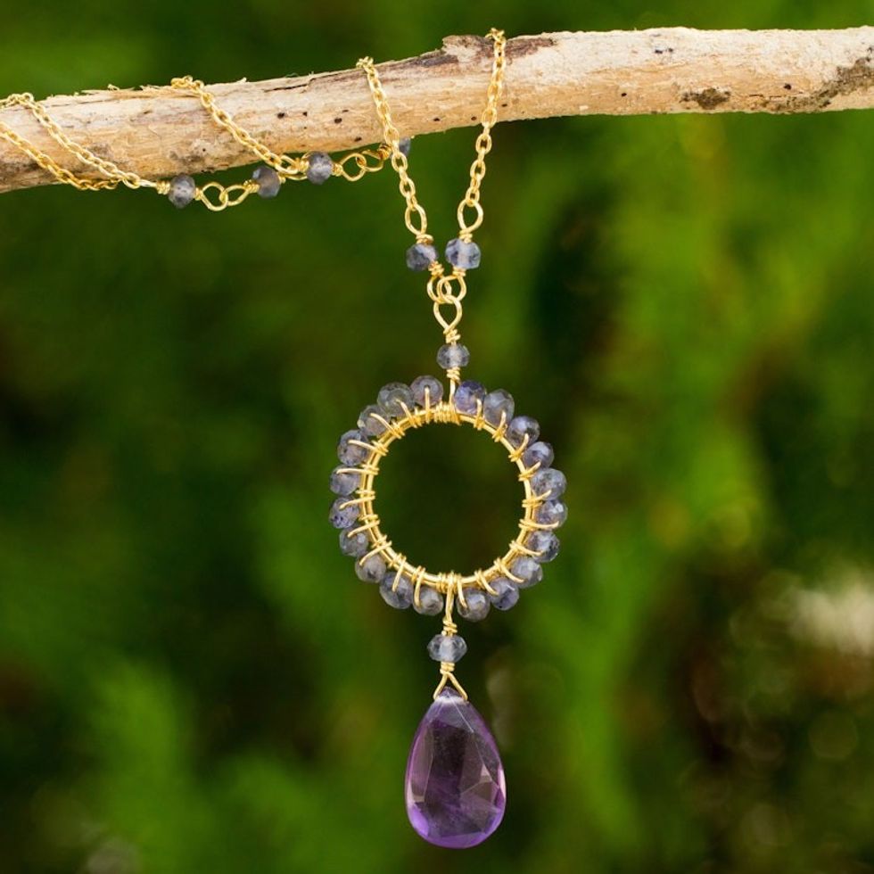 24k Gold Plated Silver Necklace with Iolite and Amethyst 'Iris Rain'