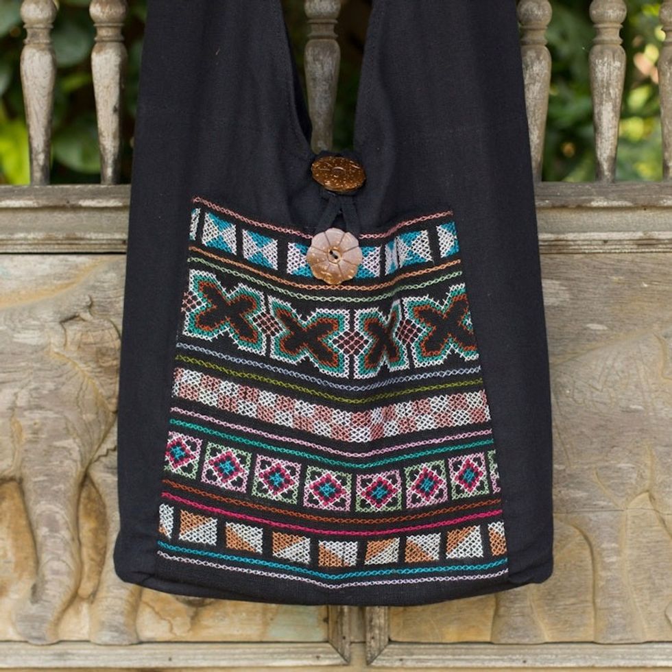 Cotton and Hemp Embroidered Sling Handbag 'Tribal Tradition'