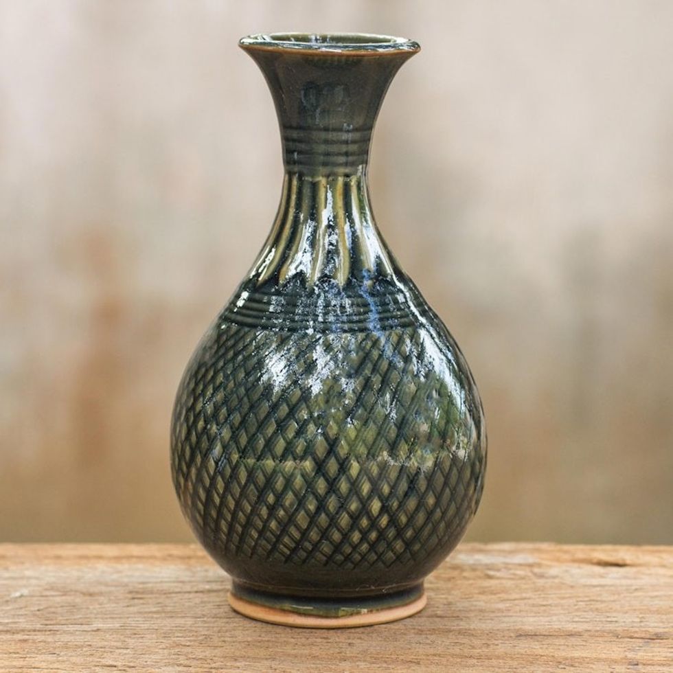 Hand Made Celadon Ceramic Vase from Thailand 'Glamorous Celebration'