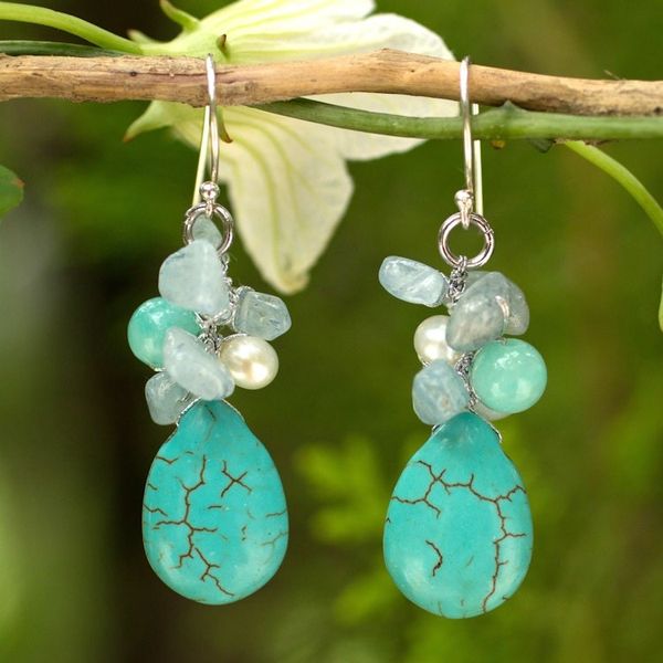 Alternate image for Handmade Pearl Aquamarine Blue Calcite Earrings Thailand Cool Beauty