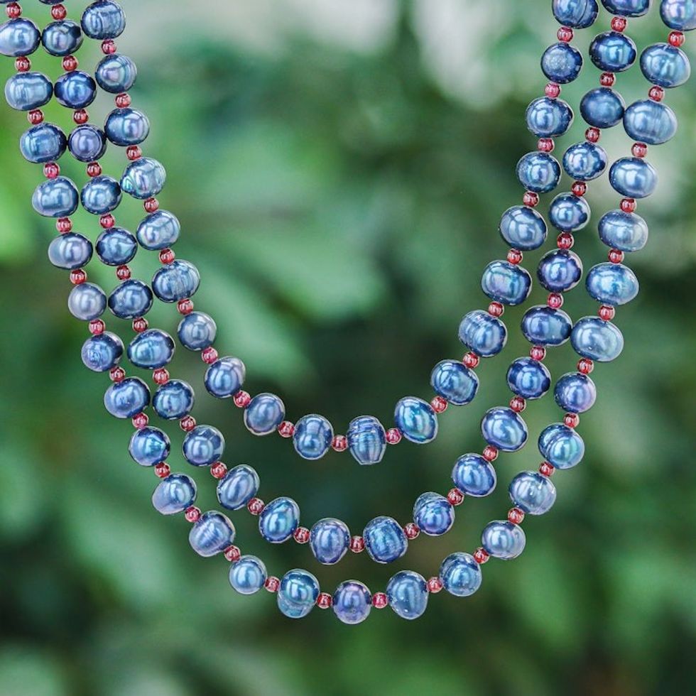 Cultured Pearl Multi-Strand Necklace with Garnet Beads 'Chic Drops'