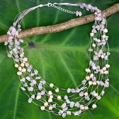 Alternate image for Unique Pearl and Rose Quartz Beaded Necklace Cascade