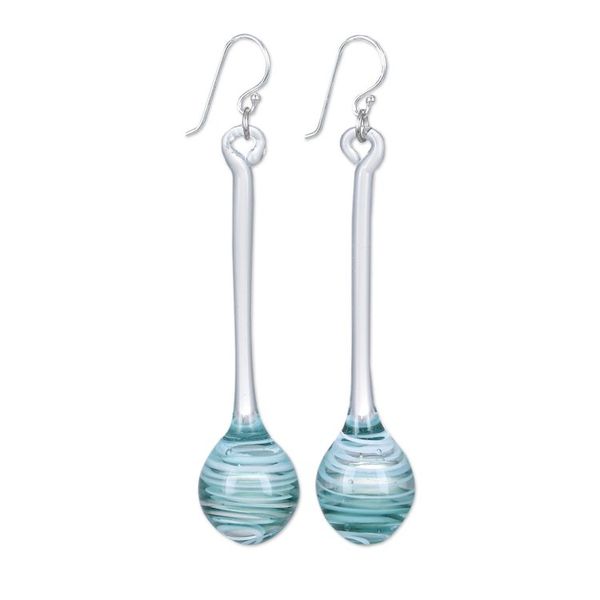 Alternate image for Handblown Abstract Blue and White Glass Dangle Earrings Celestial Pendulum