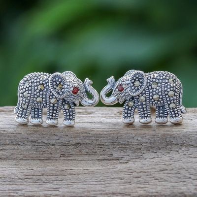 Alternate image for Marcasite and Garnet Elephant Button Earrings from Thailand Glittering Elephants