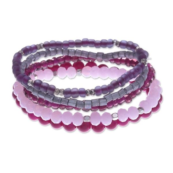 Alternate image for Set of 5 Fuchsia Glass and Brass Beaded Stretch Bracelets Fancy Dream in Fuchsia