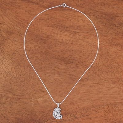 Alternate image for Sterling Silver Cat and Moon Pendant Necklace from Thailand Feline Night