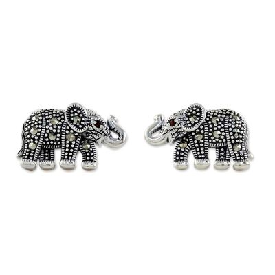 Alternate image for Marcasite and Garnet Elephant Button Earrings from Thailand Glittering Elephants