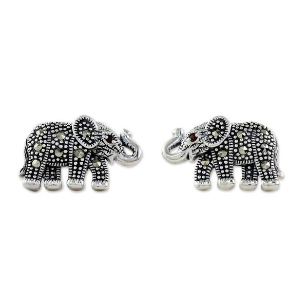 Alternate image for Marcasite and Garnet Elephant Button Earrings from Thailand Glittering Elephants