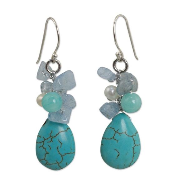 Alternate image for Handmade Pearl Aquamarine Blue Calcite Earrings Thailand Cool Beauty