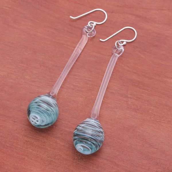 Alternate image for Handblown Abstract Blue and White Glass Dangle Earrings Celestial Pendulum