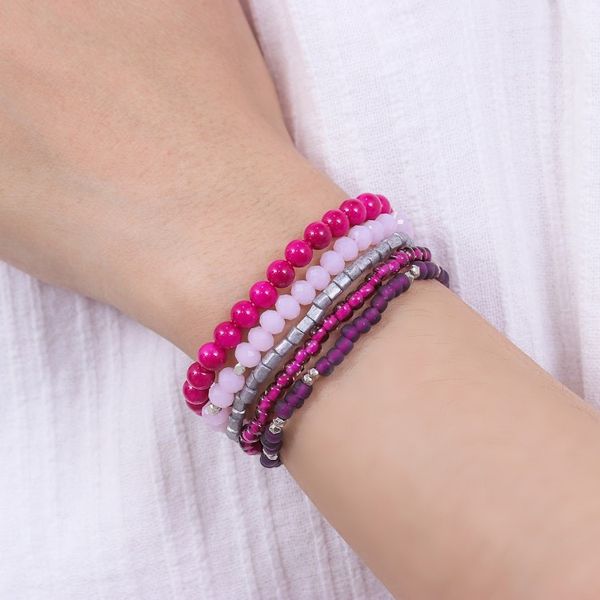 Alternate image for Set of 5 Fuchsia Glass and Brass Beaded Stretch Bracelets Fancy Dream in Fuchsia