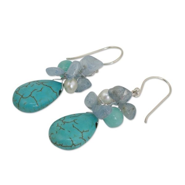 Alternate image for Handmade Pearl Aquamarine Blue Calcite Earrings Thailand Cool Beauty