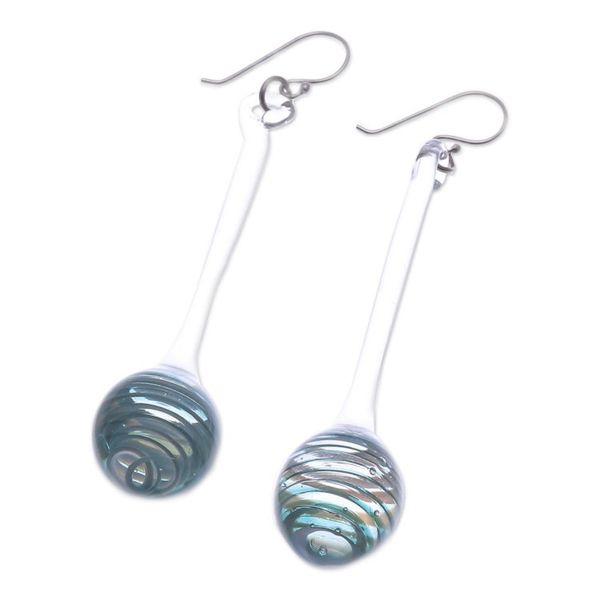 Alternate image for Handblown Abstract Blue and White Glass Dangle Earrings Celestial Pendulum