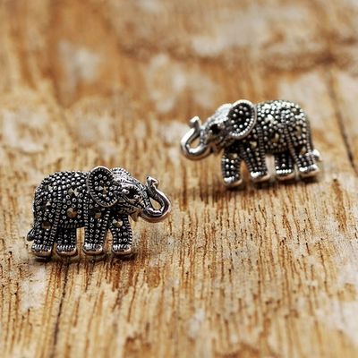 Alternate image for Marcasite and Garnet Elephant Button Earrings from Thailand Glittering Elephants