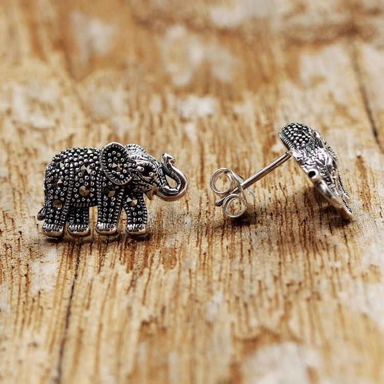 Marcasite and Garnet Elephant Button Earrings from Thailand