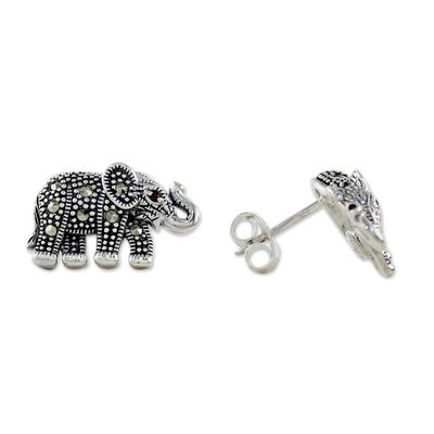 Alternate image for Marcasite and Garnet Elephant Button Earrings from Thailand Glittering Elephants