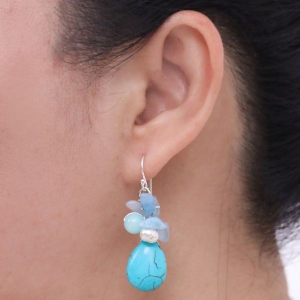 Alternate image for Handmade Pearl Aquamarine Blue Calcite Earrings Thailand Cool Beauty