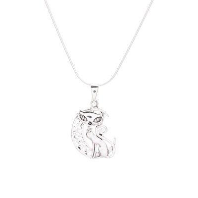 Alternate image for Sterling Silver Cat and Moon Pendant Necklace from Thailand Feline Night