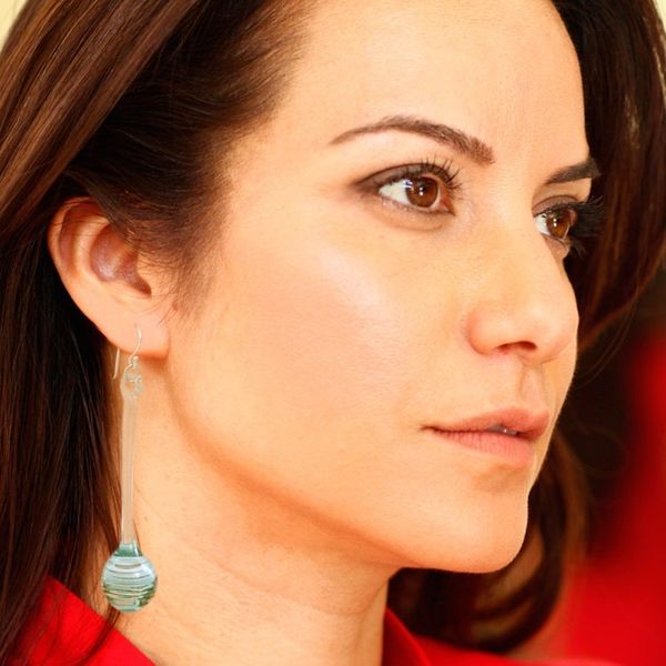 Alternate image for Handblown Abstract Blue and White Glass Dangle Earrings Celestial Pendulum