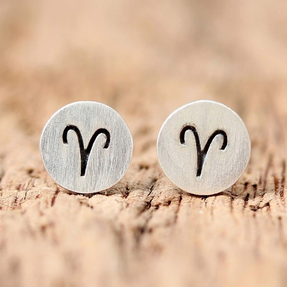 Sterling Silver Aries Stud Earrings from Thailand 'Satin Aries'