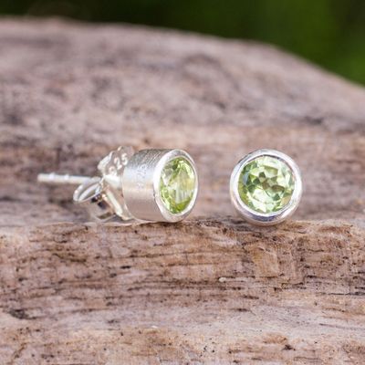 Alternate image for Peridot on Brushed Sterling Silver Stud Earrings Light