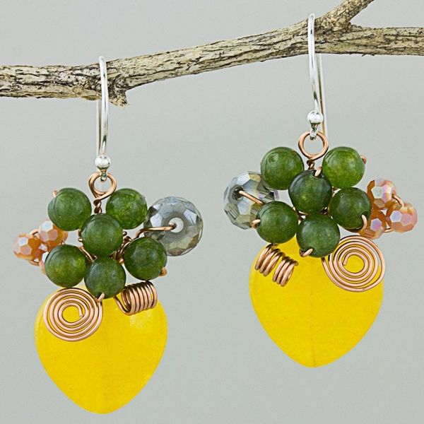 Alternate image for Heart Shaped Yellow Quartz and Glass Bead Dangle Earrings Love Garden in Yellow