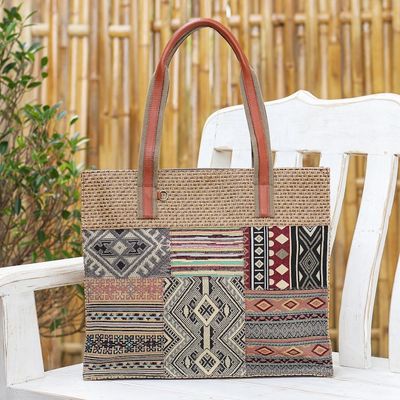 Alternate image for Patchwork Cotton Tote Bag with Leather Handle Chill Night in Yellow