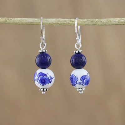 Alternate image for Artisan Handmade 925 Sterling Silver Lapis Lazuli Earrings Ming Lotus