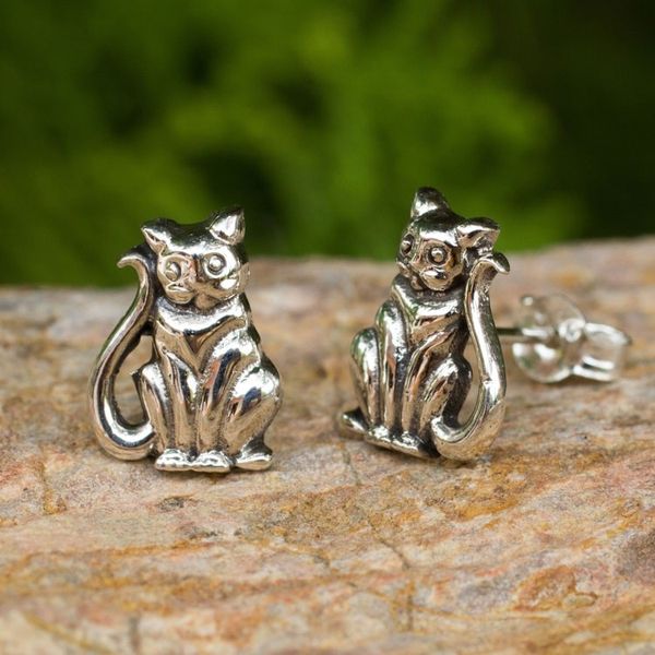 Alternate image for Cat Theme Hand Crafted Sterling Silver Button Earrings Contented Kittens