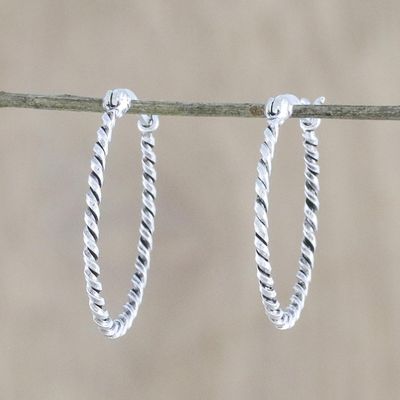 Alternate image for Handmade Sterling Silver Twisted Hoop Earrings from Thailand Spiral Onwards