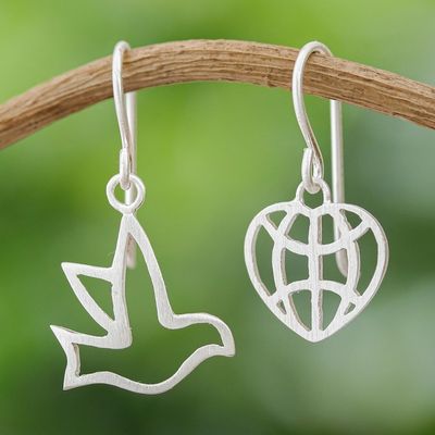 Alternate image for Sterling Silver Dangle Earrings with Bird and Heart Motifs My Peaceful Heart