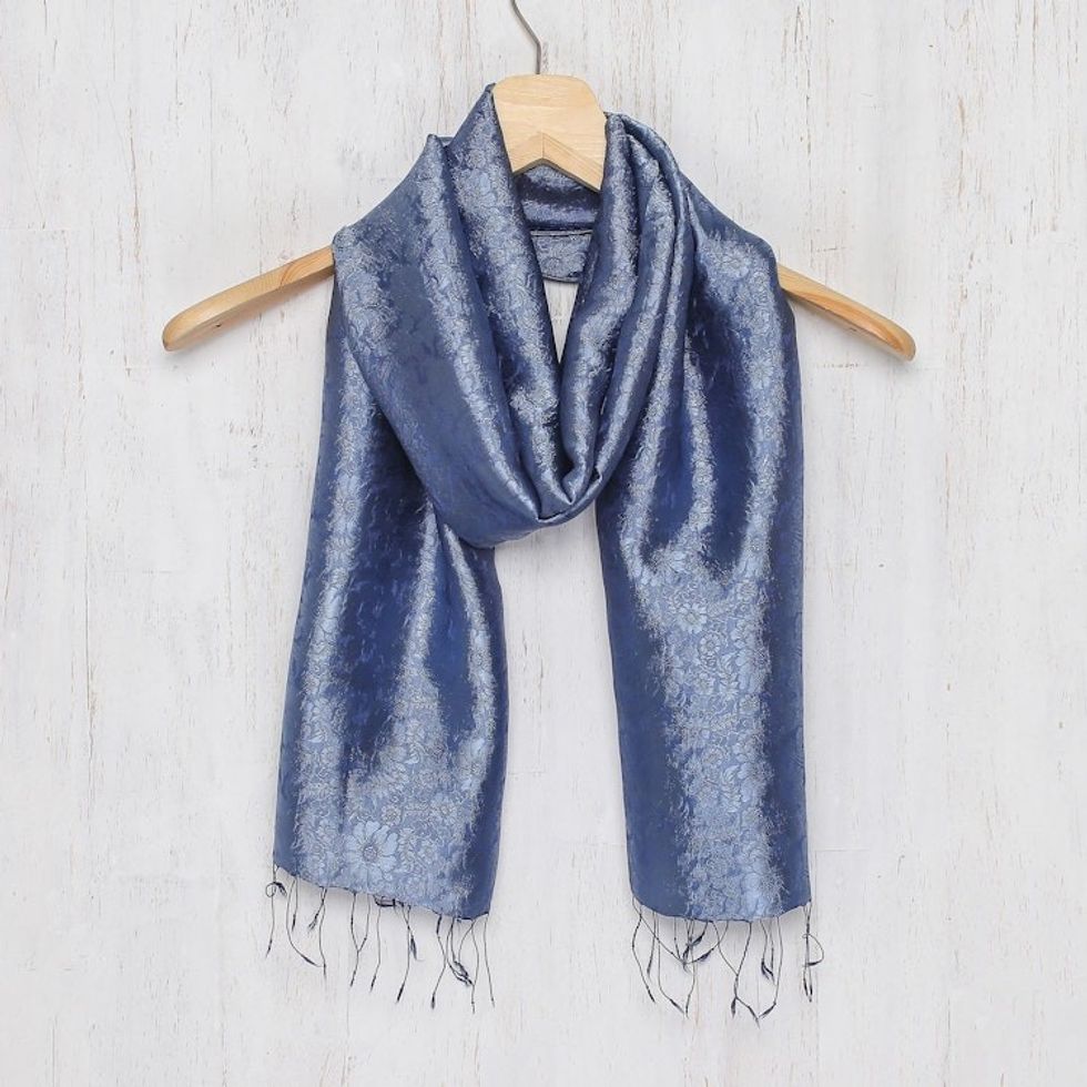 Dark Blue Woven Floral Scarf from Thailand 'Navy Blue Bouquet'