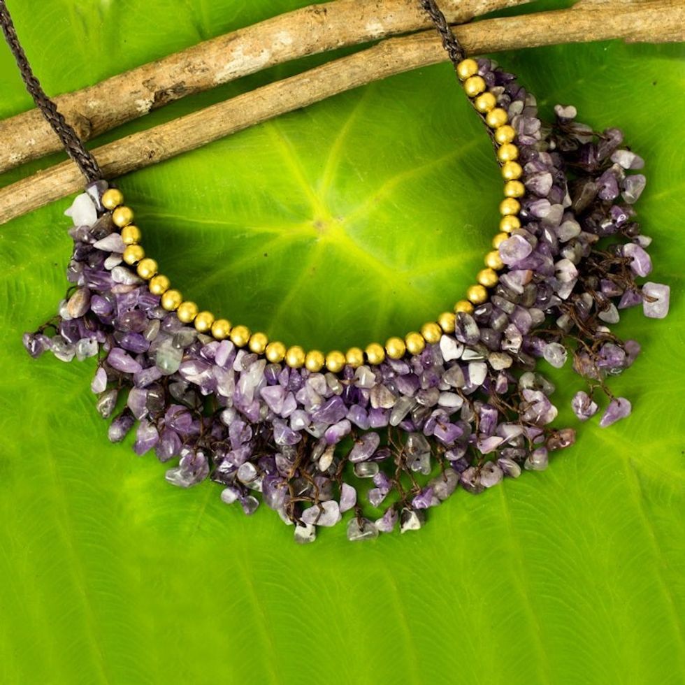 Amethyst Chip and Brass Bead Necklace from Thai Artisan 'Dance Party'