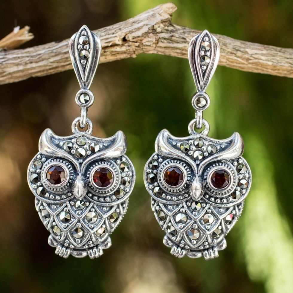 Thai  Silver and Marcasite Owl Earrings with Garnet 'Curious Owl'