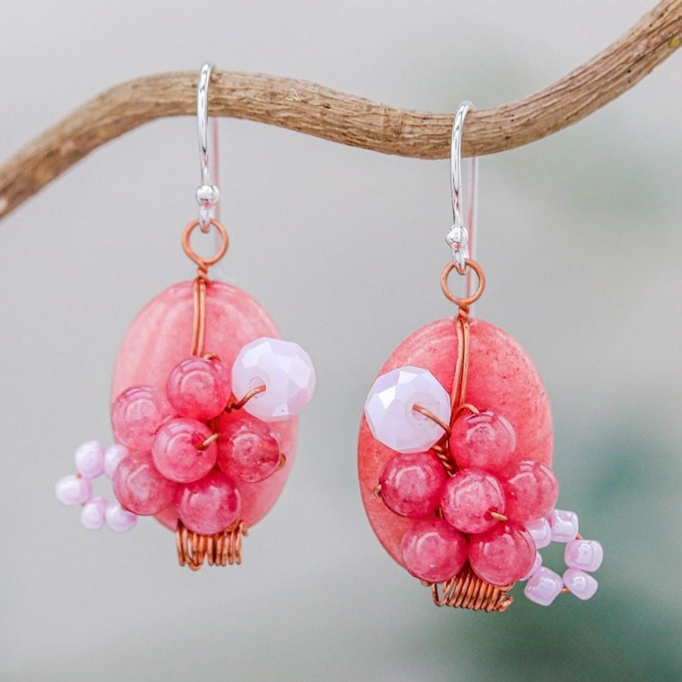 Pink Quartz and Glass Bead Dangle Earrings with Copper 'Garden Bliss in Pink'