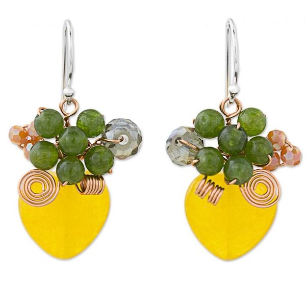 Alternate image for Heart Shaped Yellow Quartz and Glass Bead Dangle Earrings Love Garden in Yellow