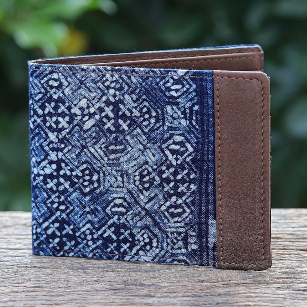 Hand Crafted Navy Cotton and Leather Batik Wallet 'Sandy Shores in Brown'